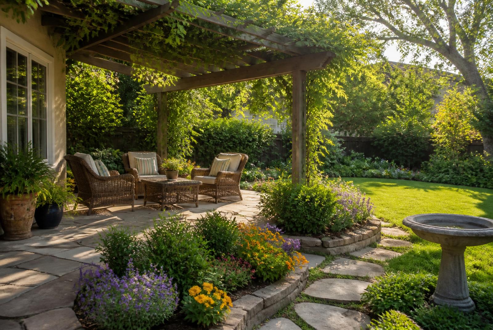 Backyard garden patio with seating