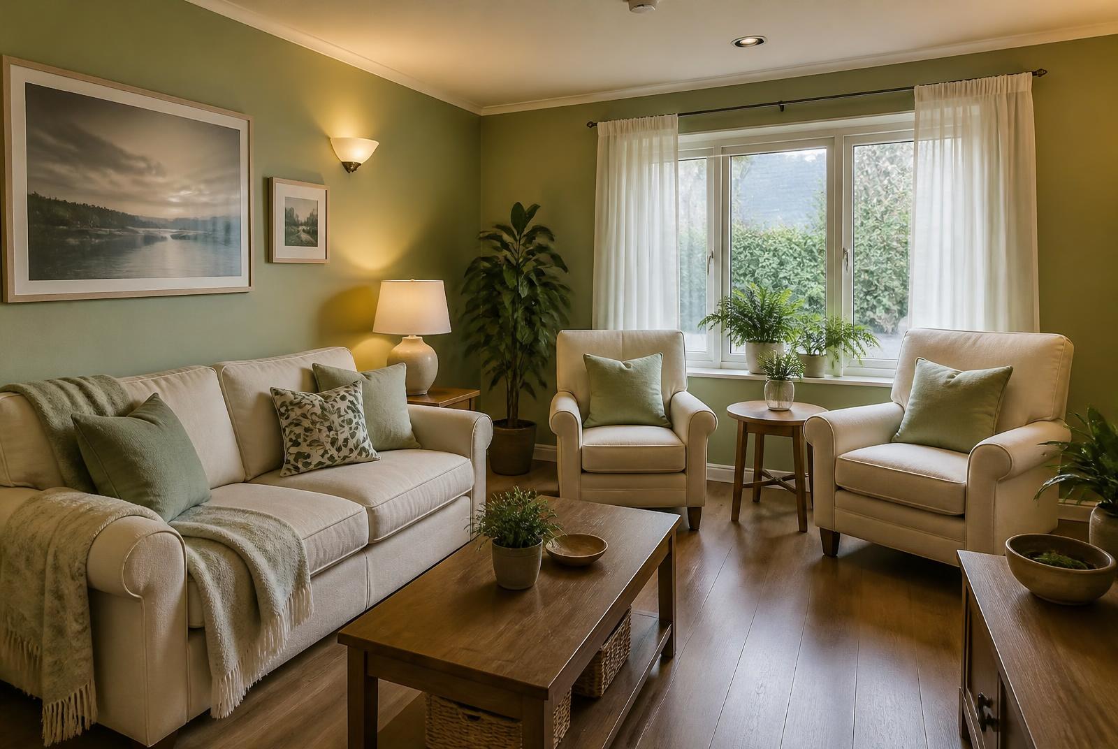 Sunny shared living room with soft cream sofas and plants